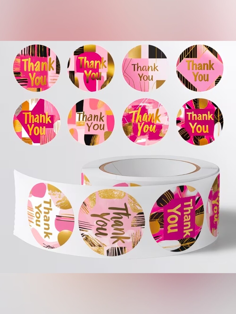 500 Count Pink & Rose Gold "Thank You" Sticker Roll 1", NIP